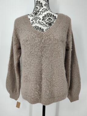 Philosophy Soft V-Neck Fuzzy Oversized Sweater - Taupe Women's Xsmall